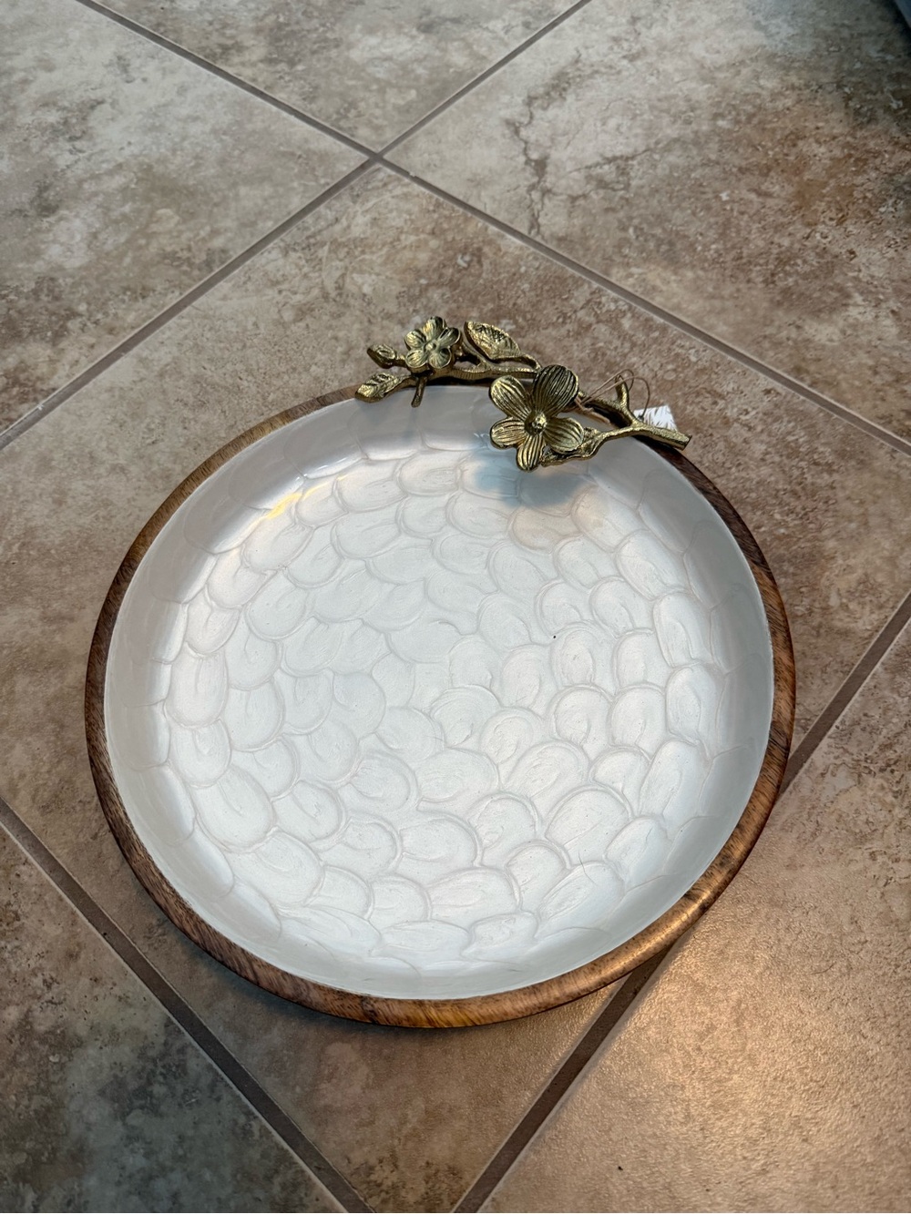 White and Gold Floral Accent Serving Bowl with Wood Rim